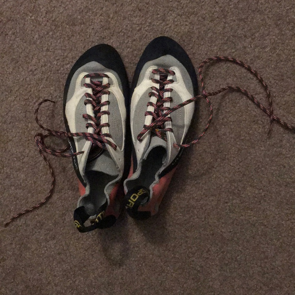 La Sportiva, rock climbing shoes.